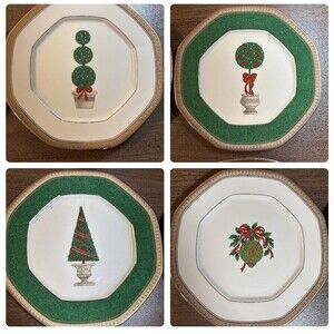 Mikasa 9" Plates Holly Ornament Topiary Trees Set of 5 Variety Christmas Holiday